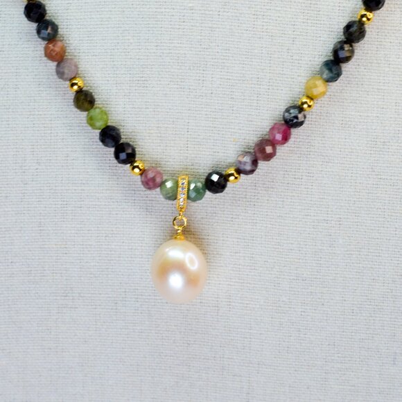 Tourmaline & King Size Edison Pearl Pendant Necklace 19" - Picture 2 of 11